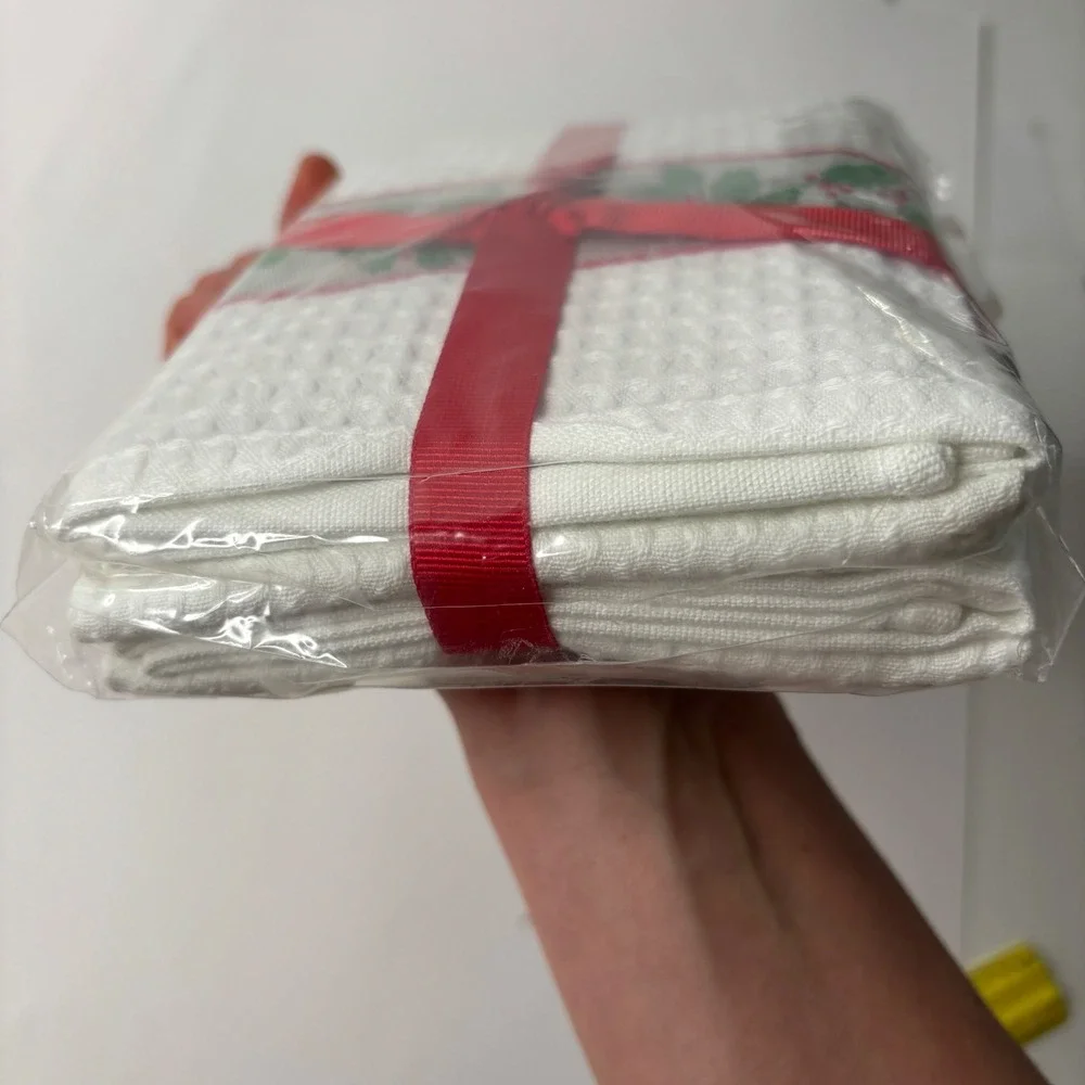 Williams Sonoma Holly Waffle Weave Kitchen Towels Set of 2 White Red Green New